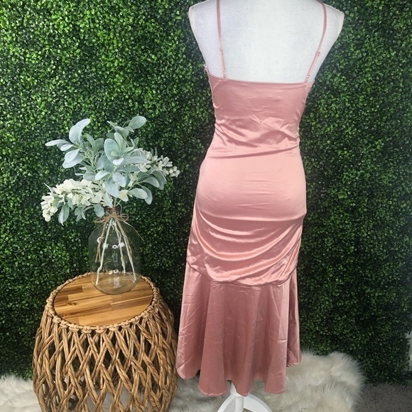 Lulus NWOT Perfect Occasion Dusty Rose Satin Ruched Tulip Midi Dress - Picture 14 of 16